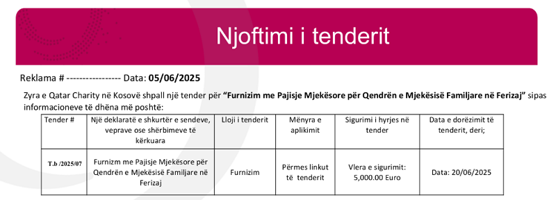 Furnizim me Pajisje Mjekësore për Qendrën e Mjekësisë Familjare në Ferizaj